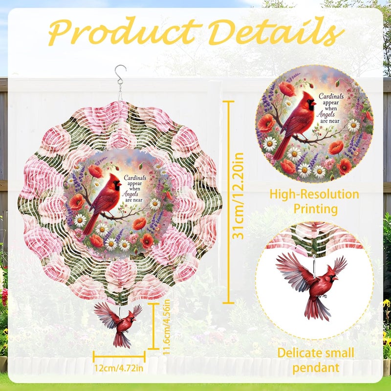 Romart Cardinal Wind Spinners Outdoor, Memorial Sympathy Gifts Garden Hanging Wind Spinner, Angel Cardinal 3D Stainless Steel Decor for Patio Yard Lawn - Image 2
